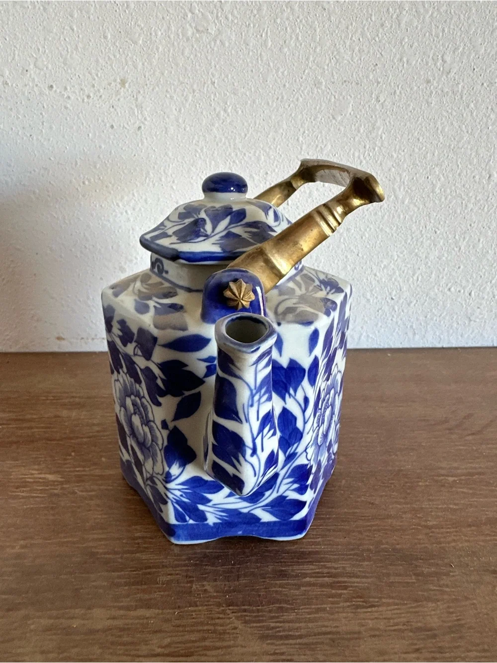 FLORENCE Blue and White Floral Ceramic Teapot with Brass Handle